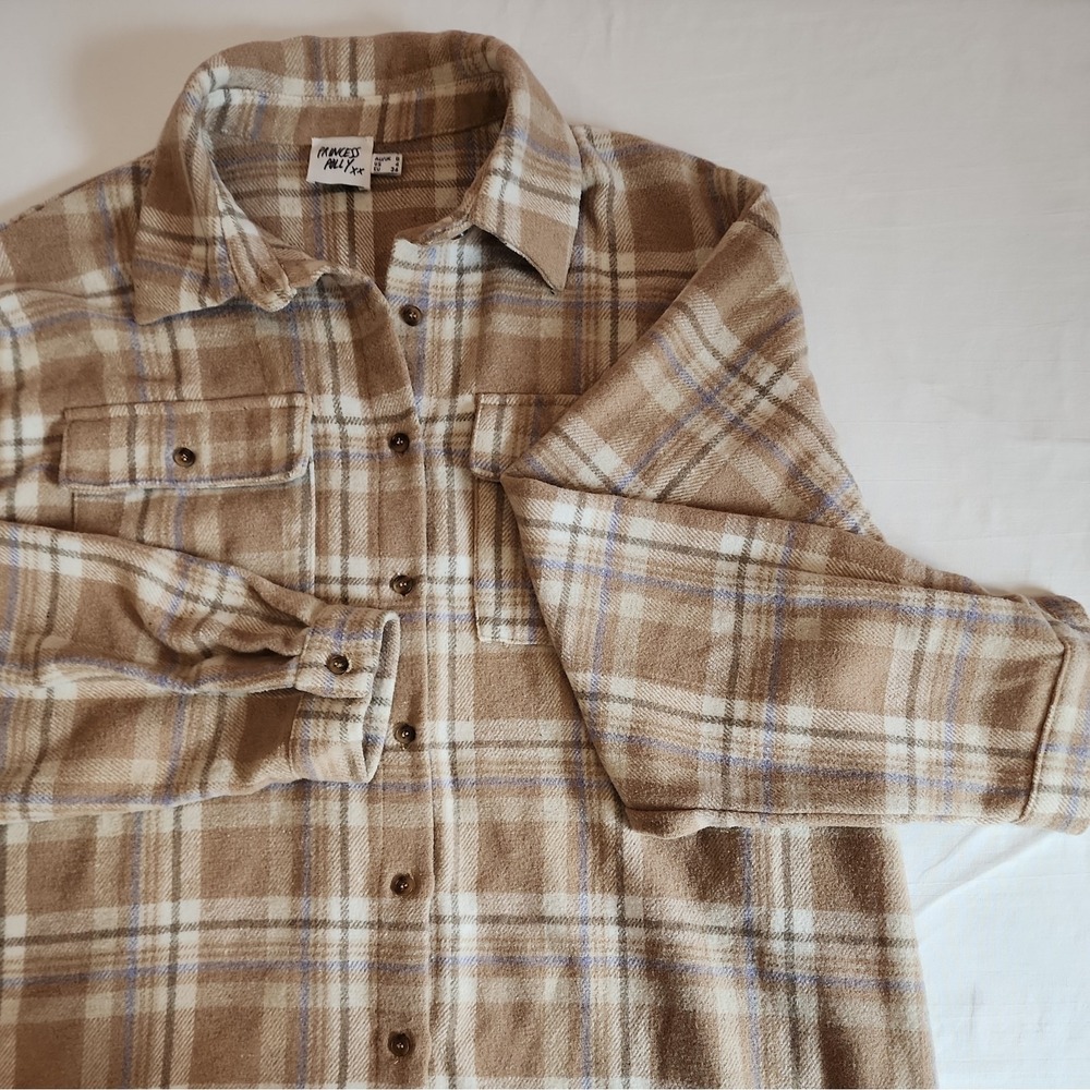 Princess Polly Willa Size 4 Oversized Plaid Beige Shirt Flannel Shacket